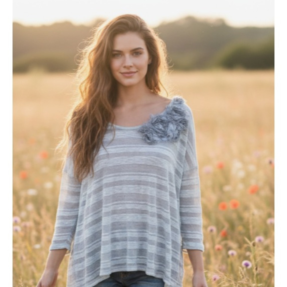 Blue Bird L Top Womens Gray Embellished Boho Knit Cottage Casual Coastal Fairy